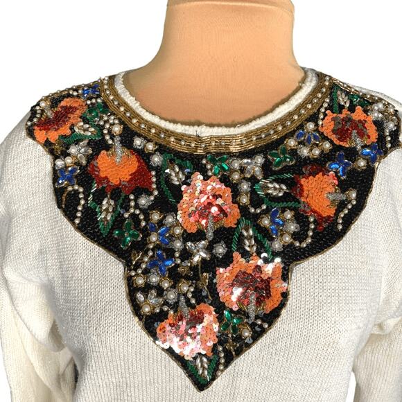 Vintage 80s Cream Sweater Beaded Sequin Burgundy Dark Floral Statement Knit - Picture 1 of 12